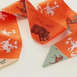 Hermès Шелковая лента Parade Twilly Corail / Vert Amande / Brun - фото 3