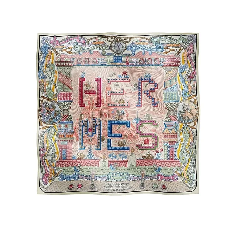 Шелковый платок Super Silk Quest 90 Hermes Creme / Rose / Bleu - фото 1