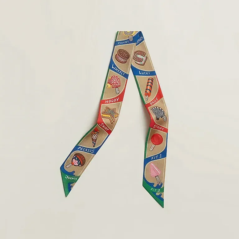 Шелковая лента Funny Ice Cream Twilly Hermes Beige Dore / Emeraude / Rouge - фото 1