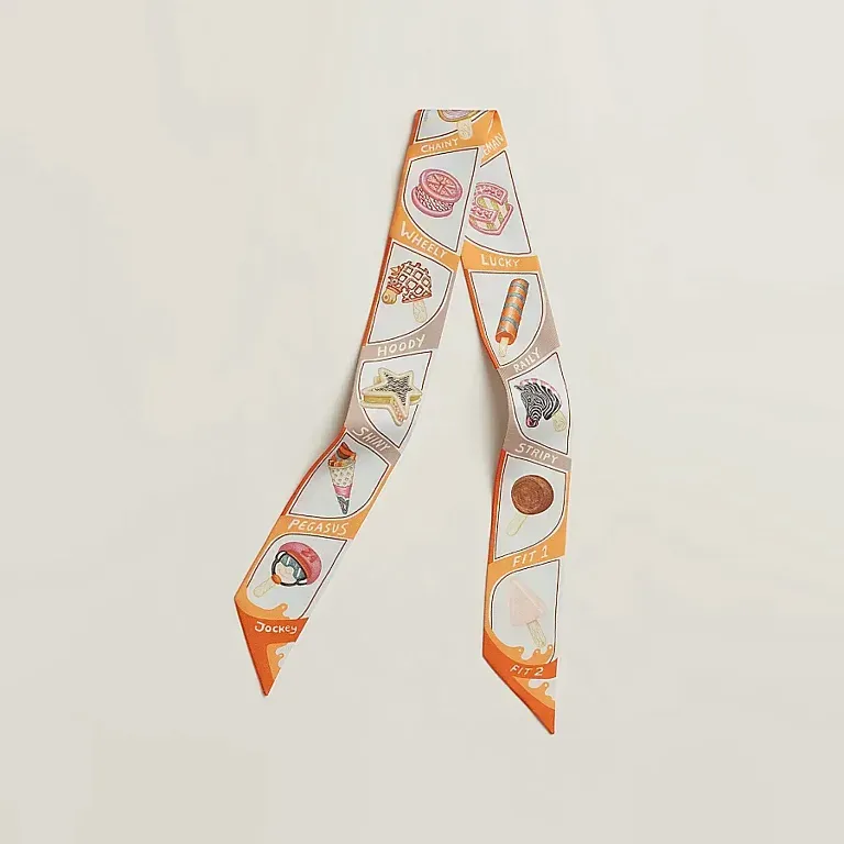 Шелковая лента Funny Ice Cream Twilly Hermes Orange / Creme / Beige - фото 1