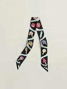 Hermès Шелковая лента Funny Ice Cream Twilly Black / Blanc / Multicolore - фото 1