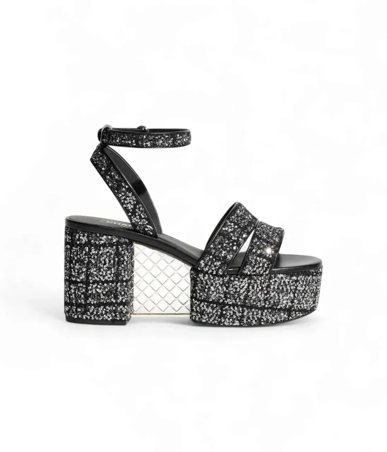 Твидовые сандалии Chanel Black / Silver - фото 1