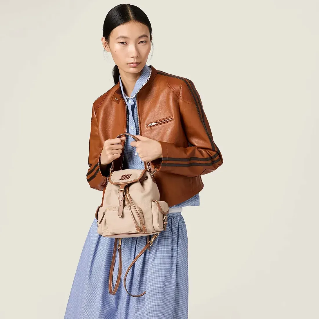 Miu Miu Рюкзак Canvas and leather backpack Cord Beige/Brandy - фото 2