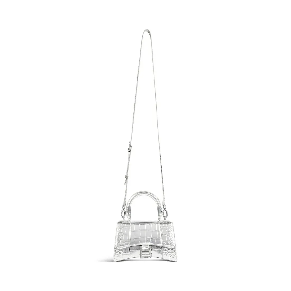 Balenciaga Сумка Hourglass Xs Crocodile Embossed in Silver - фото 2