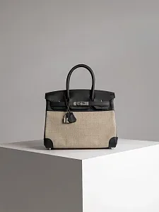Hermès Cумка Birkin 30 Black Ficelle Toile Swift Palladium Hardware - фото 1