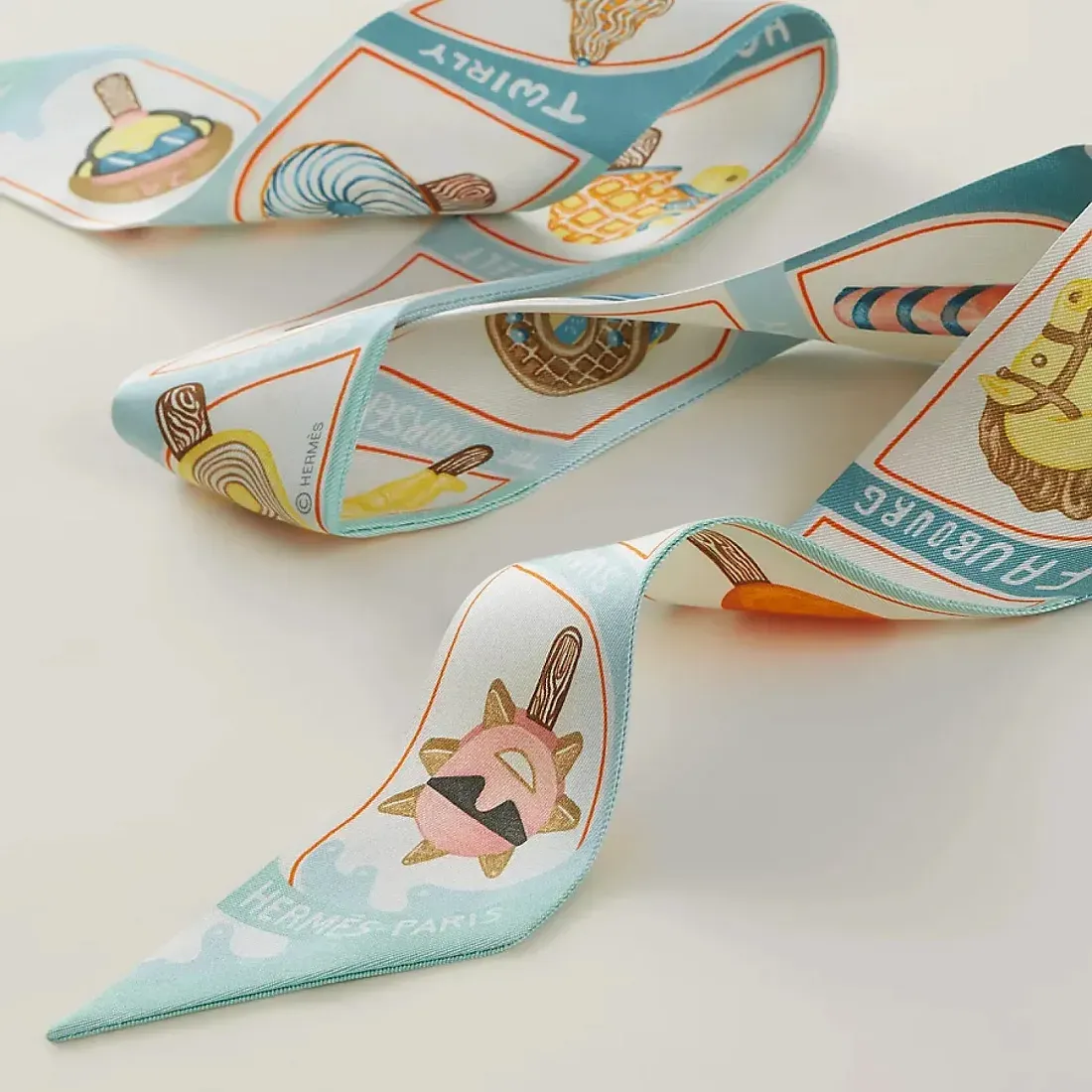Hermès Шелковая лента Funny Ice Cream Twilly Aqua / Orange / Jaune - фото 3