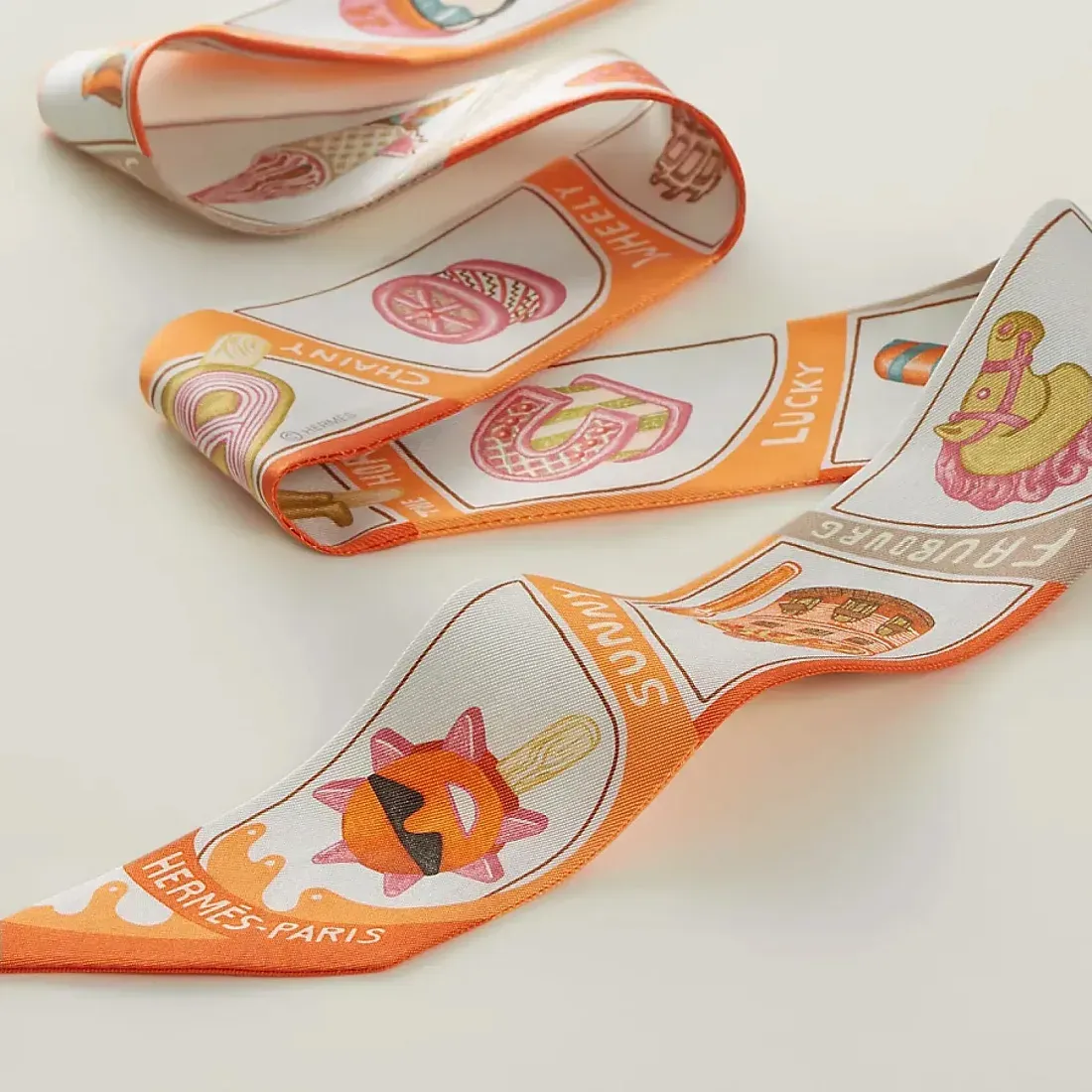 Hermès Шелковая лента Funny Ice Cream Twilly Orange / Creme / Beige - фото 3