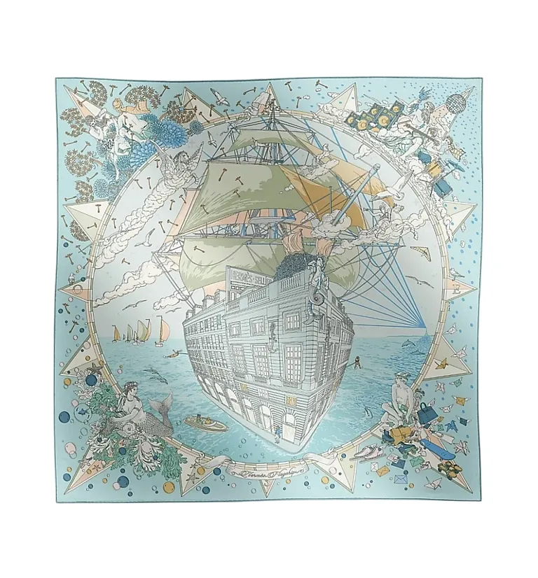Платок Carre 90 Flagship Hermes Bleu Ciel / Vert De Gris / Rose - фото 1