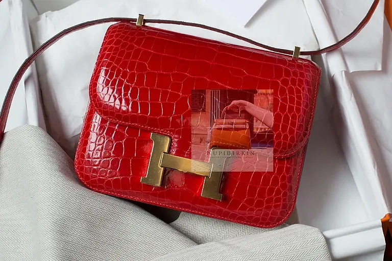 Hermes Constance 18 cm Geranium Alligator Missi Lisse Gold Hardware - фото 1