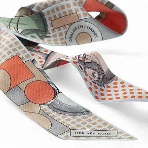 Hermès Шелковая лента Twilly Bleu Pale / Corail / Gris - фото 3