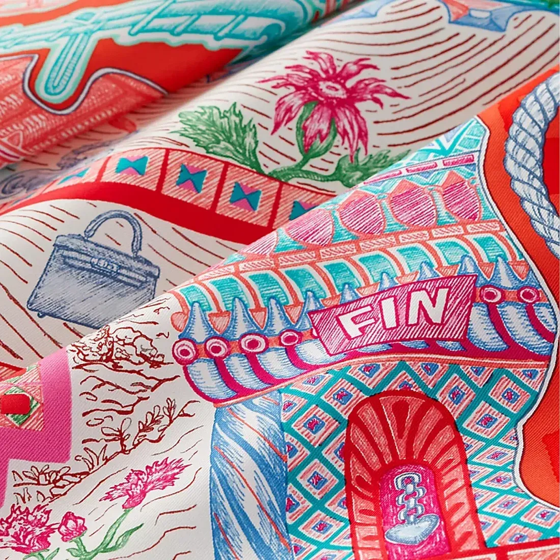 Hermès Шелковый платок Super Silk Quest 90 Rouge Grenadine / Turquoise / Rose Vif - фото 3