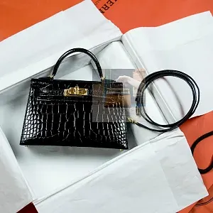 Hermès Kelly 20 Black Shiny Alligator Sellier Gold Hardware - фото 1