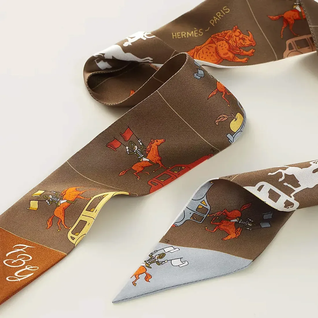Hermès Шелковая лента Parade Twilly Marron / Gris / Orange - фото 3